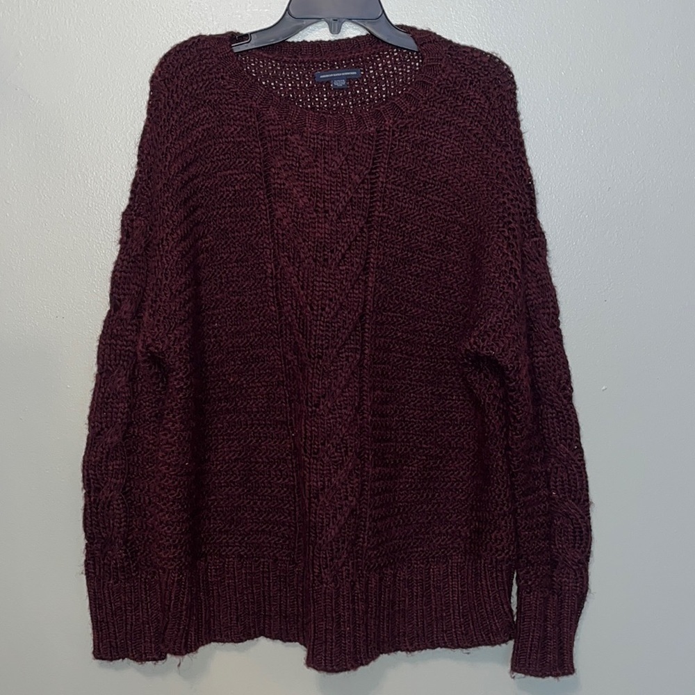 AMERICAN EAGLE Knitted Sweater Maroon Drop Shoulder Womens Size XL - Picture 2 of 7
